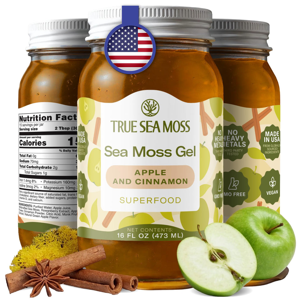 TrueSeaMoss sea moss gel in an apple cinnamon jar, ideal for smoothies and desserts.