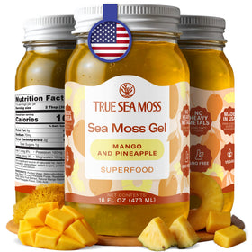 TrueSeaMoss mango pineapple gel jar adds tropical flavor to daily smoothies.