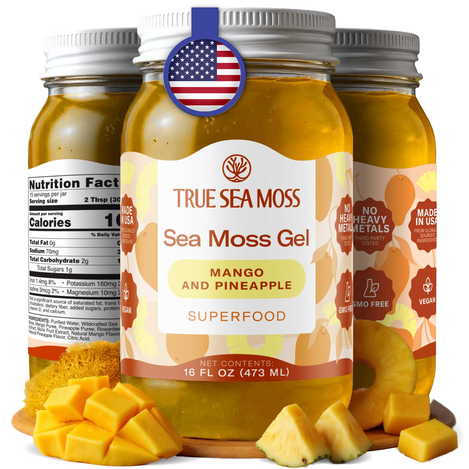 TrueSeaMoss mango pineapple gel jar adds tropical flavor to daily smoothies.