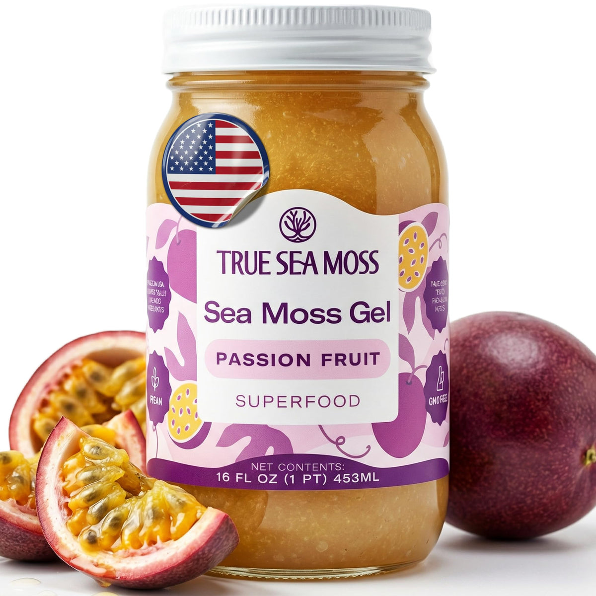 TrueSeaMoss sea moss gel with passion fruit in a jar for convenient daily wellness.