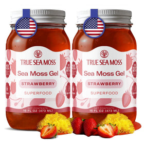 TrueSeaMoss sea moss gel strawberry in a glass jar, perfect for smoothies.