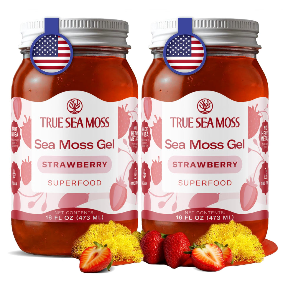 TrueSeaMoss sea moss gel strawberry in a glass jar, perfect for smoothies.