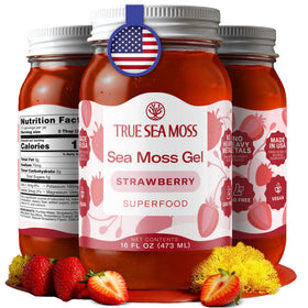 TrueSeaMoss strawberry gel jar, ideal for enriching smoothies with natural minerals.