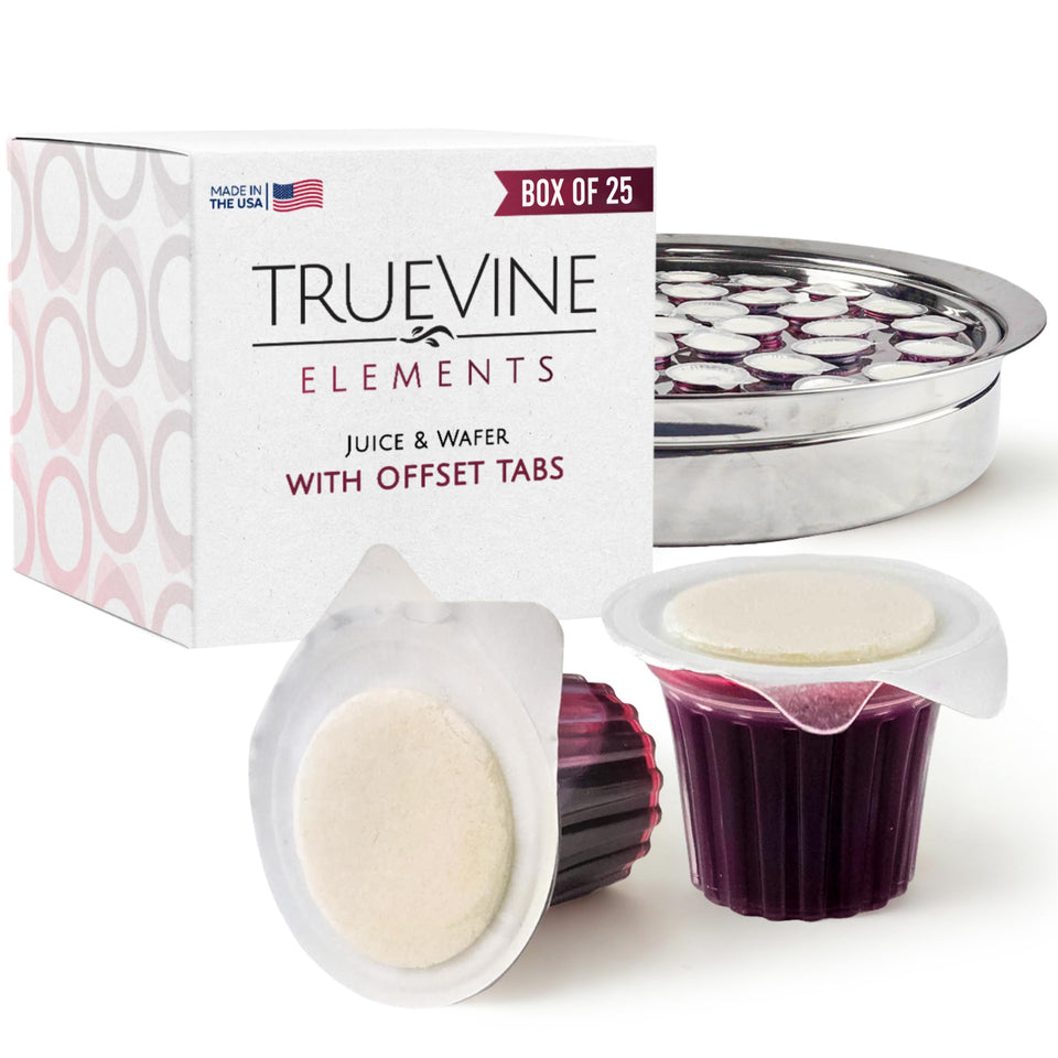 TrueVine Elements Cup with wafer shows convenient prefilled setup for reverent communion rituals.