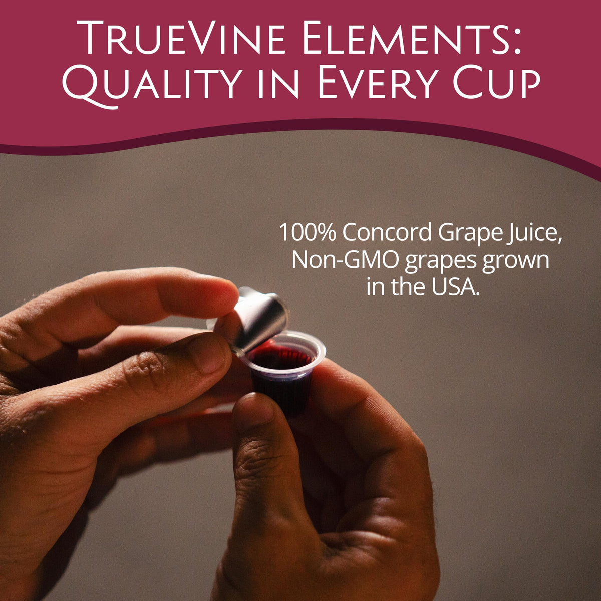 TrueVine Elements cup fits standard communion trays for easy distribution