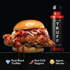 TRUFF black truffle oil detail on bottle label; premium aroma.