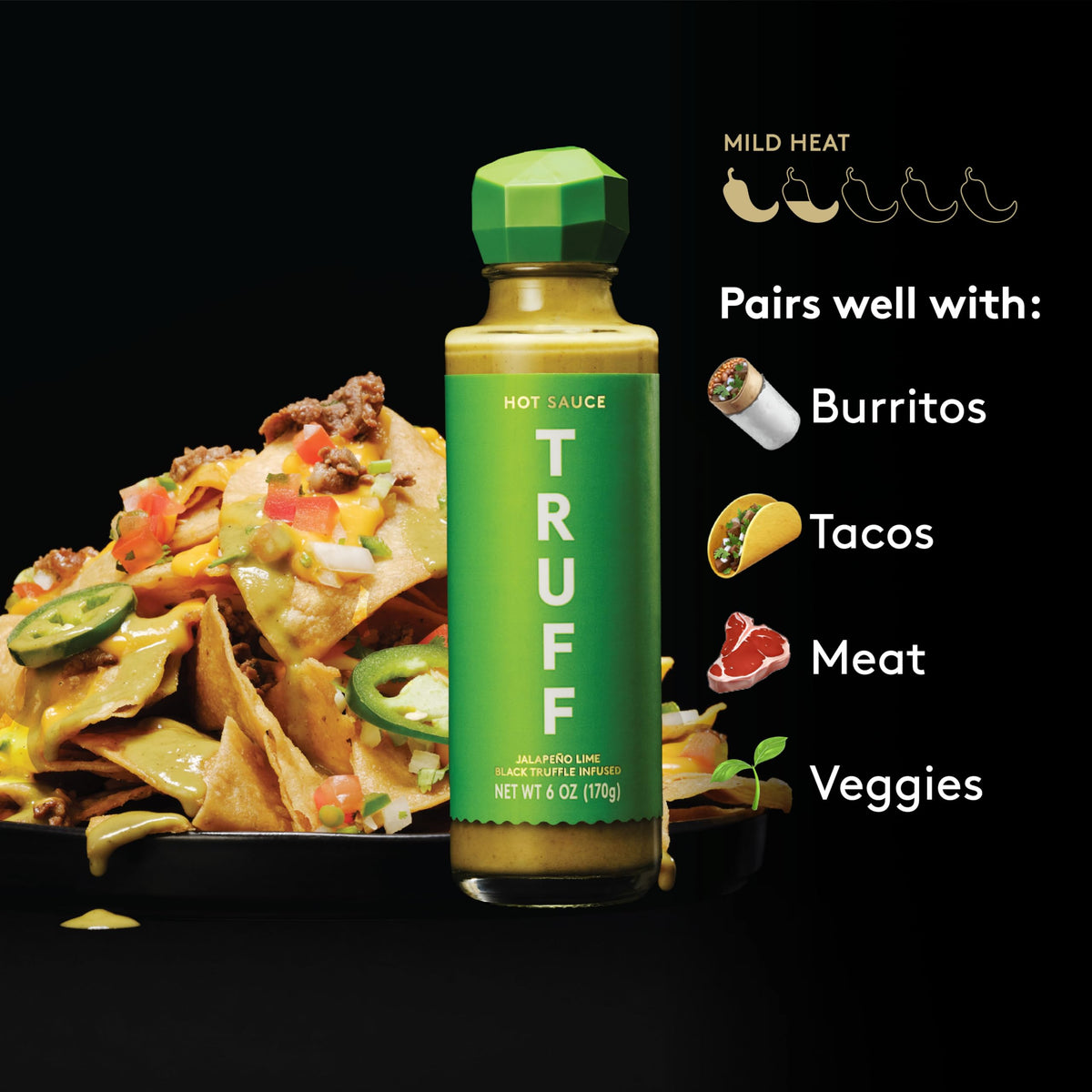 TRUFF Jalapeño Lime hot sauce closeup highlights earthy aroma