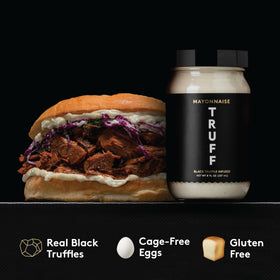 TRUFF Mayo ingredients label shows cage-free eggs and sunflower oil.