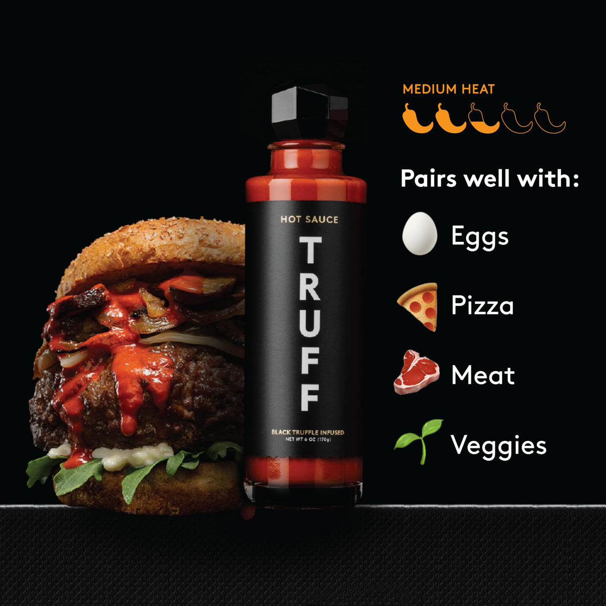 TRUFF Original Black Truffle Hot Sauce ingredients label emphasizes truffle and agave.