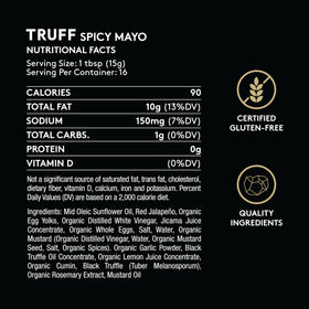 Ingredients in a glass bottle for TRUFF Spicy Mayo with cage-free eggs.