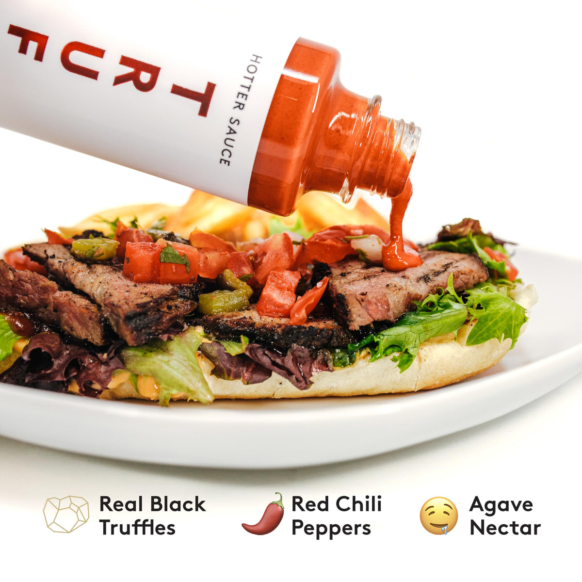 TRUFF White Hotter bottle closeup-label, premium hot sauce for elevated meals.
