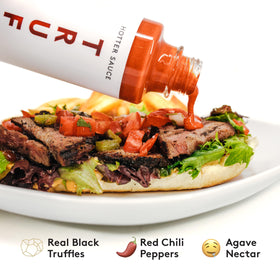 TRUFF White Hotter bottle closeup-label, premium hot sauce for elevated meals.