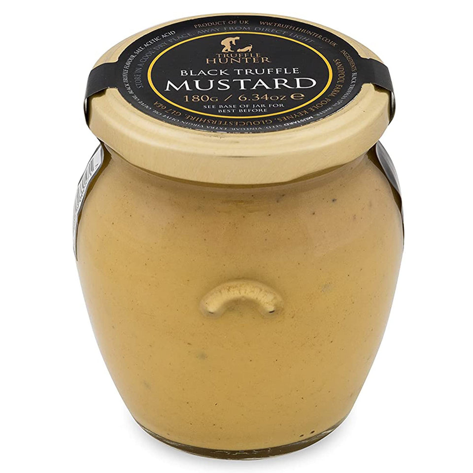 TruffleHunter black truffle mustard bottle highlights creamy texture and gourmet flavor.