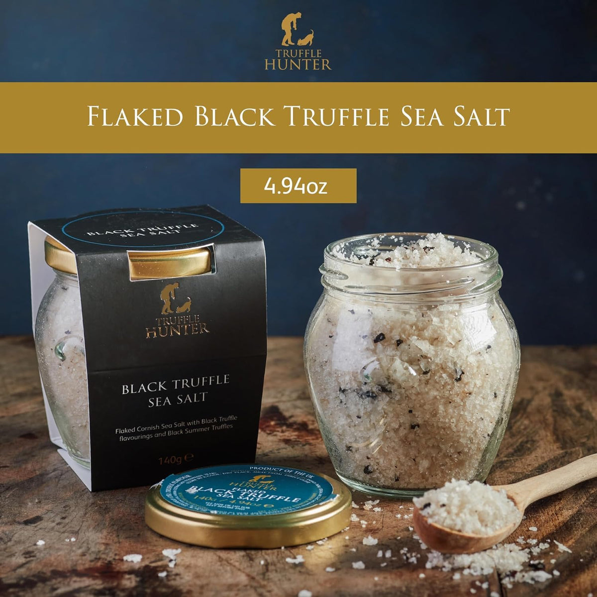 TruffleHunter sea salt flakes with visible truffle pieces, great for finishing sauces.