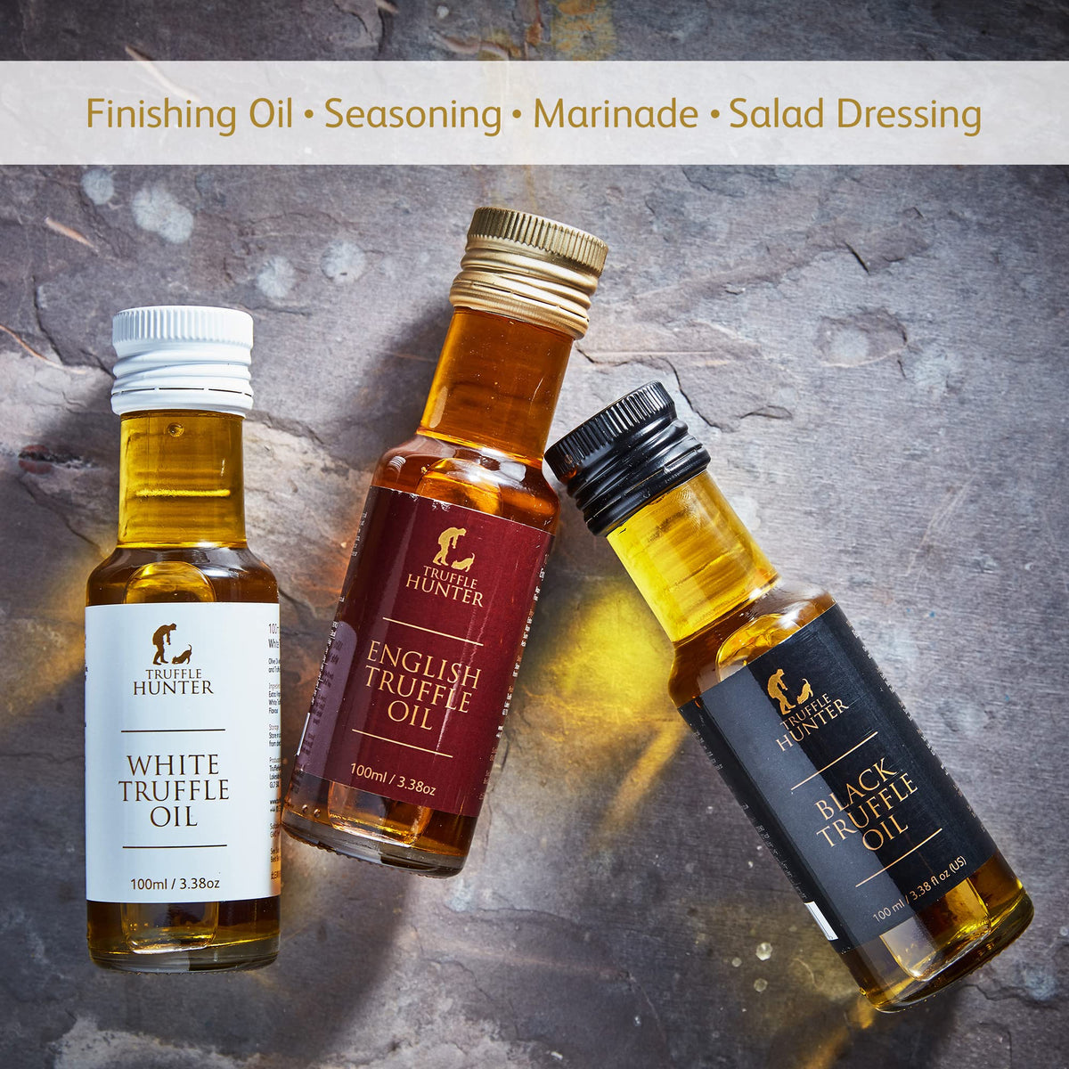 TruffleHunter three-bottle display highlights versatile finishing oils for home cooks.