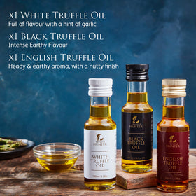 TruffleHunter white truffle oil bottle pour adds garlicky nuance to risottos and pastas.