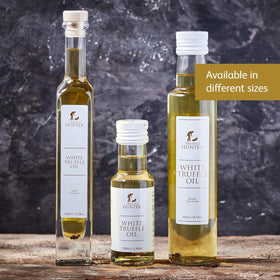 Elegant glass bottle of TruffleHunter white truffle oil.