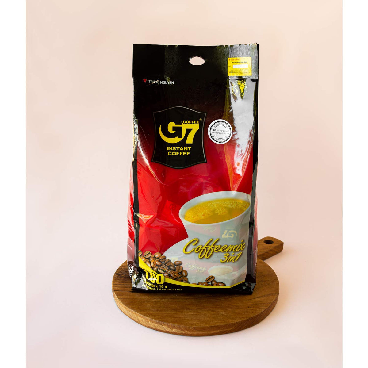 Creamy, stirred cup of Trung Nguyen G7 3-in-1 coffee ready now.