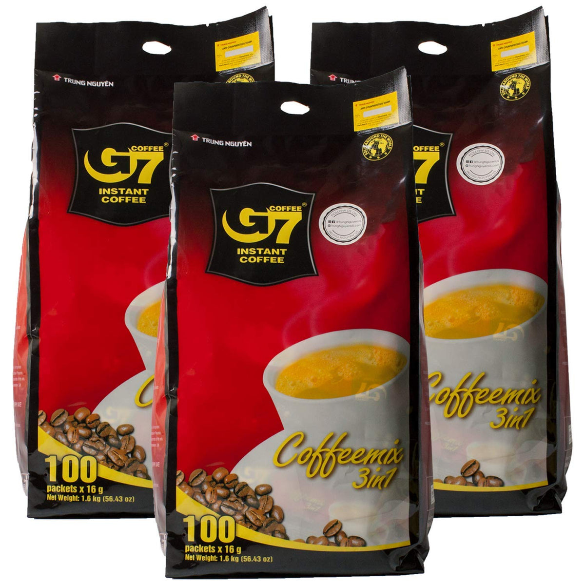 Trung Nguyen G7 3-in-1 coffee packet closeup for quick, flavorful mornings.