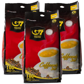 Trung Nguyen G7 3-in-1 coffee packet closeup for quick, flavorful mornings.