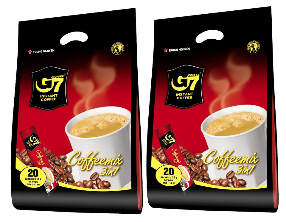 Trung Nguyen G7 3-in-1 coffee sachets for quick, premium cups.