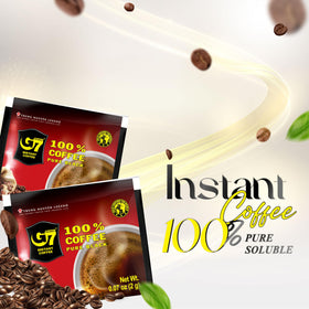 Steaming cup of G7 Pure Black rich coffee ready to enjoy.