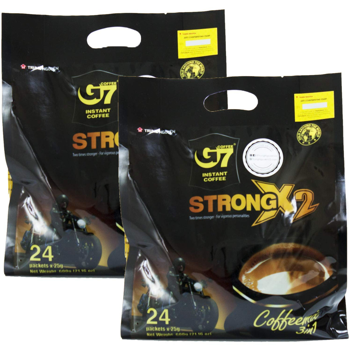Trung Nguyen G7 Strong X2 packaging shows convenient 3-in-1 sachets for quick mornings.