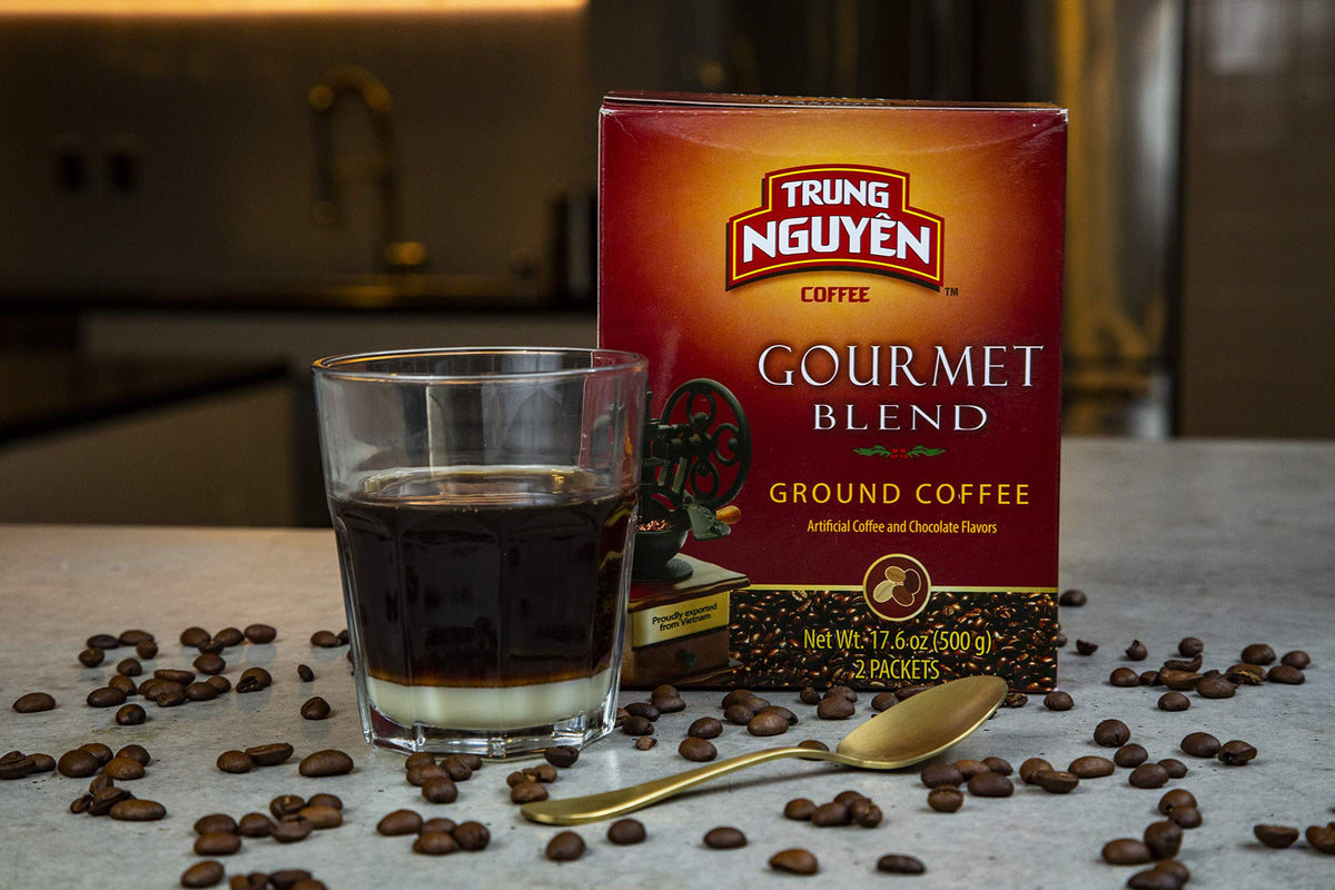 Trung Nguyen Gourmet Blend cup closeup shows deep color and chocolate hints.