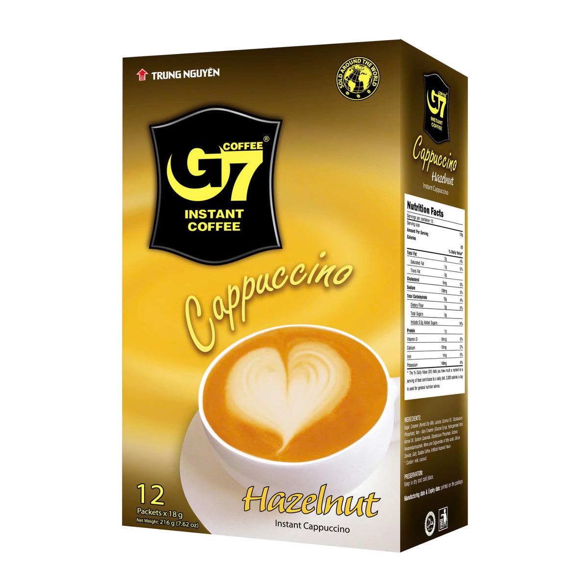 TRUNG NGUYEN Legend G7 Cappuccino Hazelnut box front, premium packaging for quick coffee moments