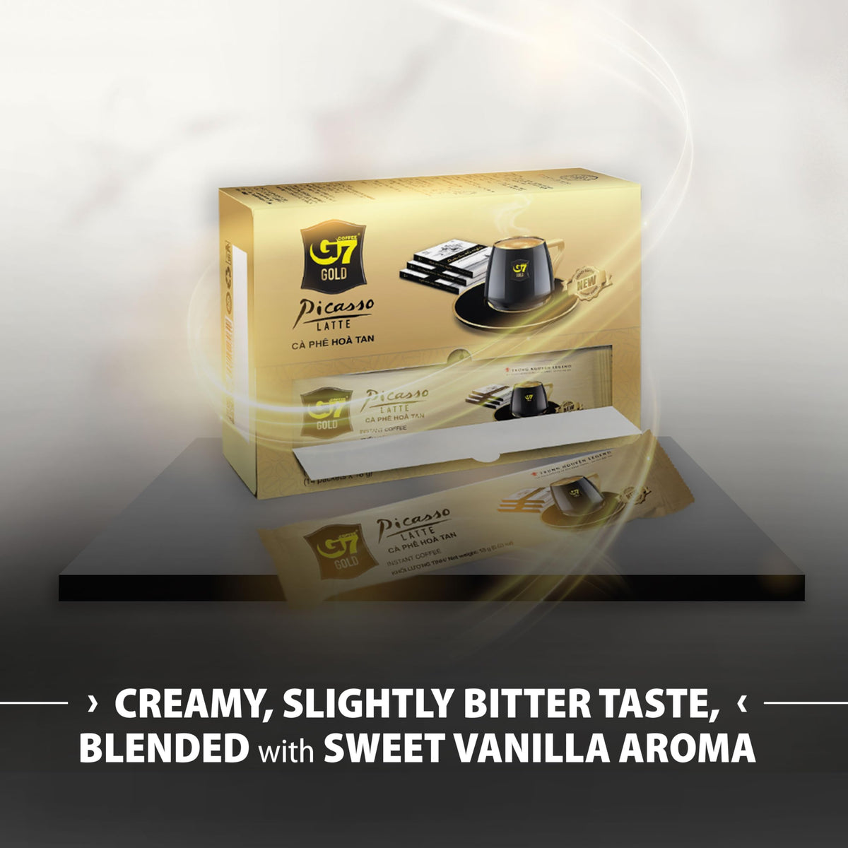 TRUNG NGUYEN Legend G7 Gold Picasso Latte packaging shows 14 sticks for easy prep.