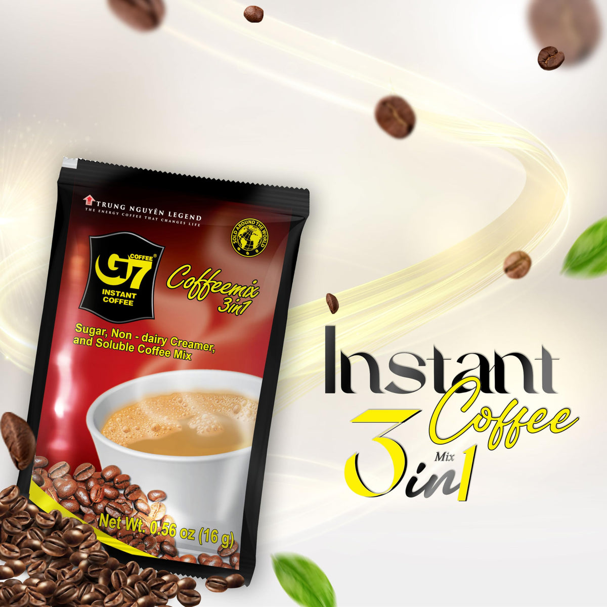 G7 sachets close-up showing convenient 3-in-1 mix for busy mornings.