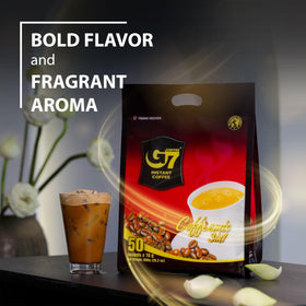 Travel-friendly G7 sachets seal compact coffee for on-the-go use.