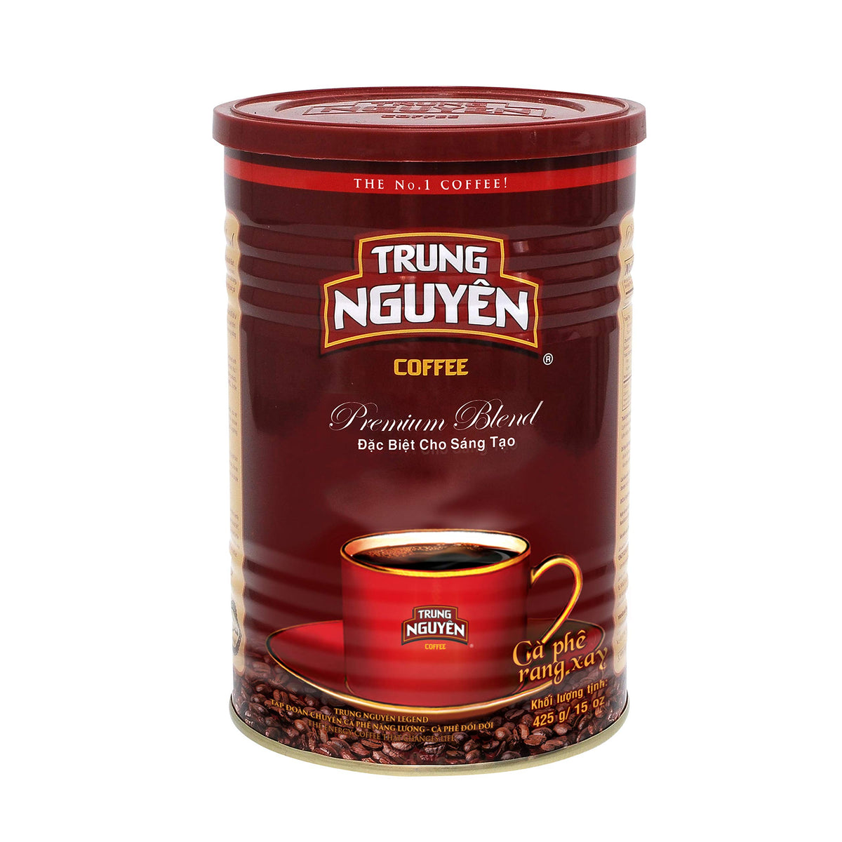 TRUNG NGUYEN Legend Premium Blend coffee can with bold aroma ready for morning boosts.