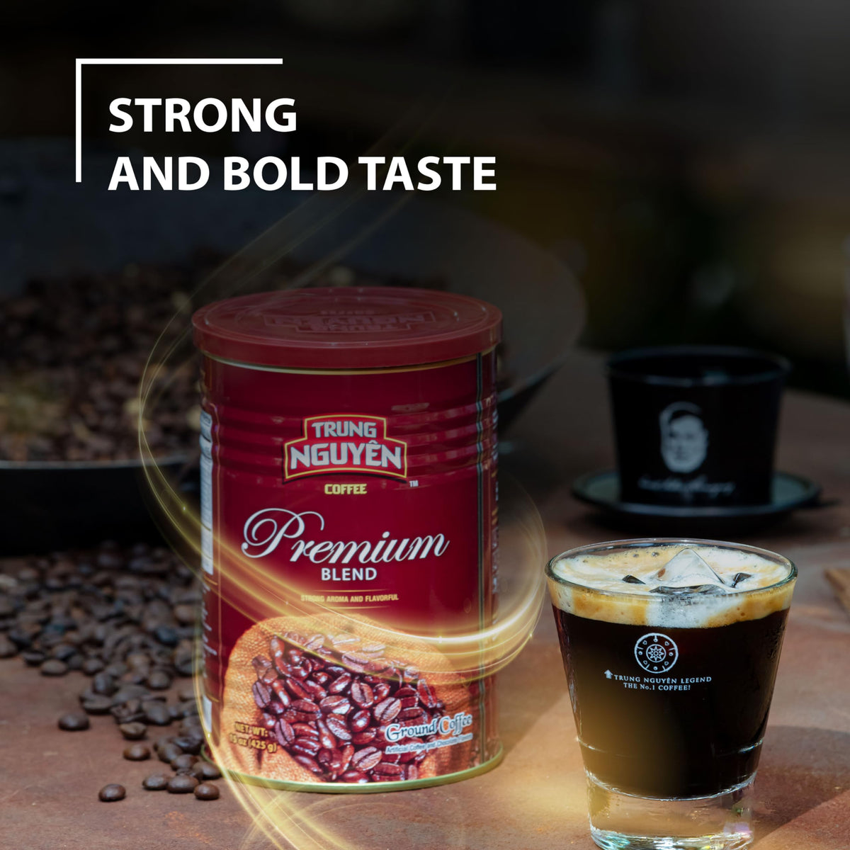 TRUNG NGUYEN Legend Premium Blend steaming cup highlighting full city roast aromas.