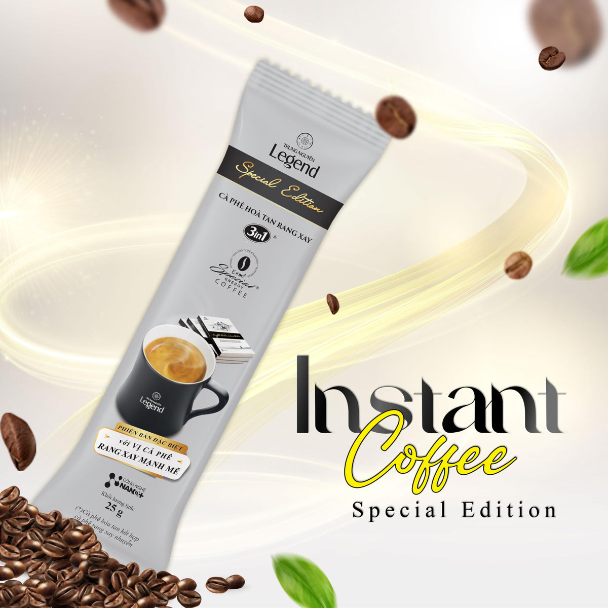 TRUNG NGUYEN Legend Special Edition cup with steam, creamy non-dairy creamer for smooth texture.