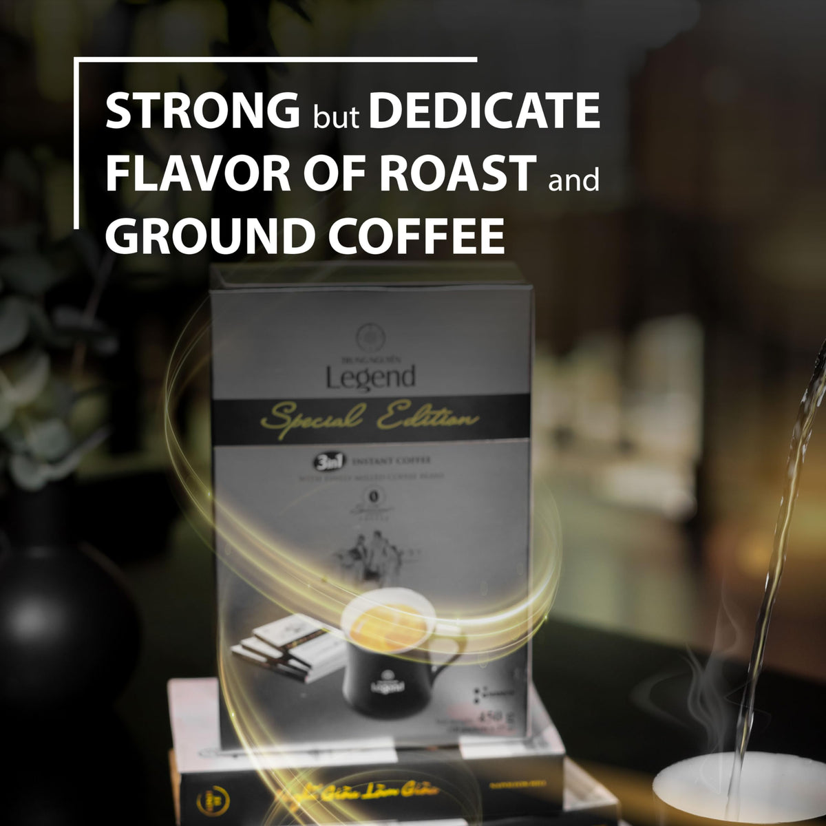 TRUNG NGUYEN Legend Special Edition travel-pack beside a laptop, ideal on-the-go energy.