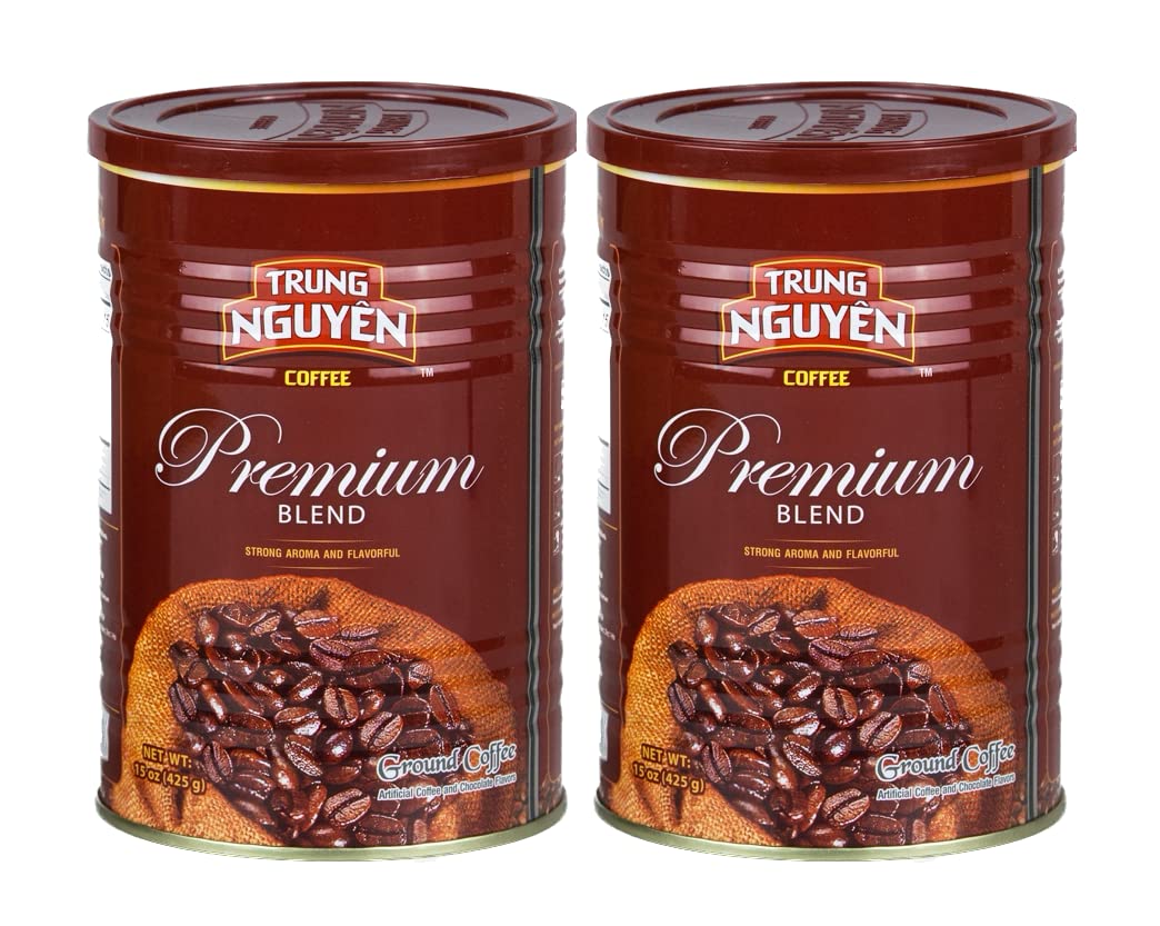 Trung Nguyen Premium Blend can with bold aroma for a strong morning cup.