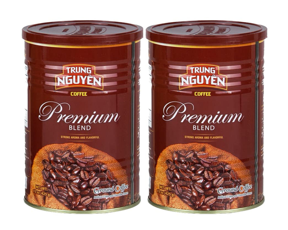 Trung Nguyen Premium Blend can with bold aroma for a strong morning cup.