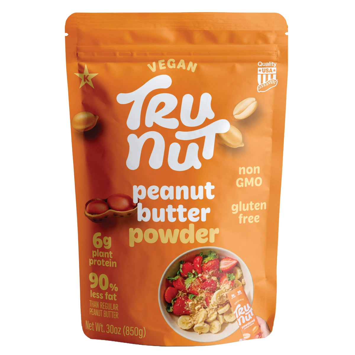 Tru-Nut Peanut Butter Powder in a jar shows rich roasted flavor for snacks and smoothies