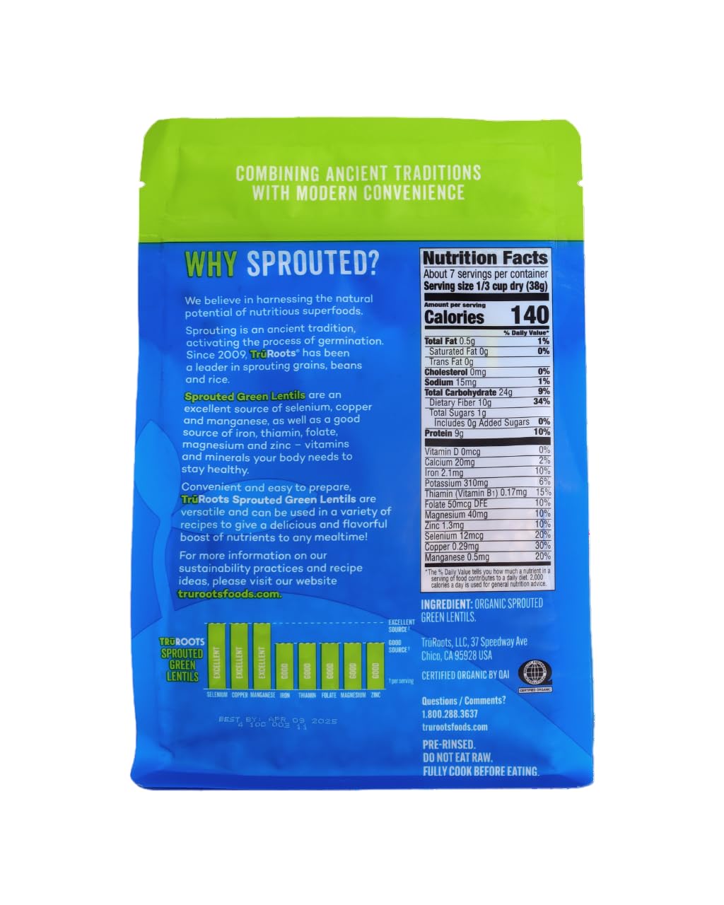 TruRoots Sprouted Green Lentils pack closeup; shows organic, gluten-free grains.