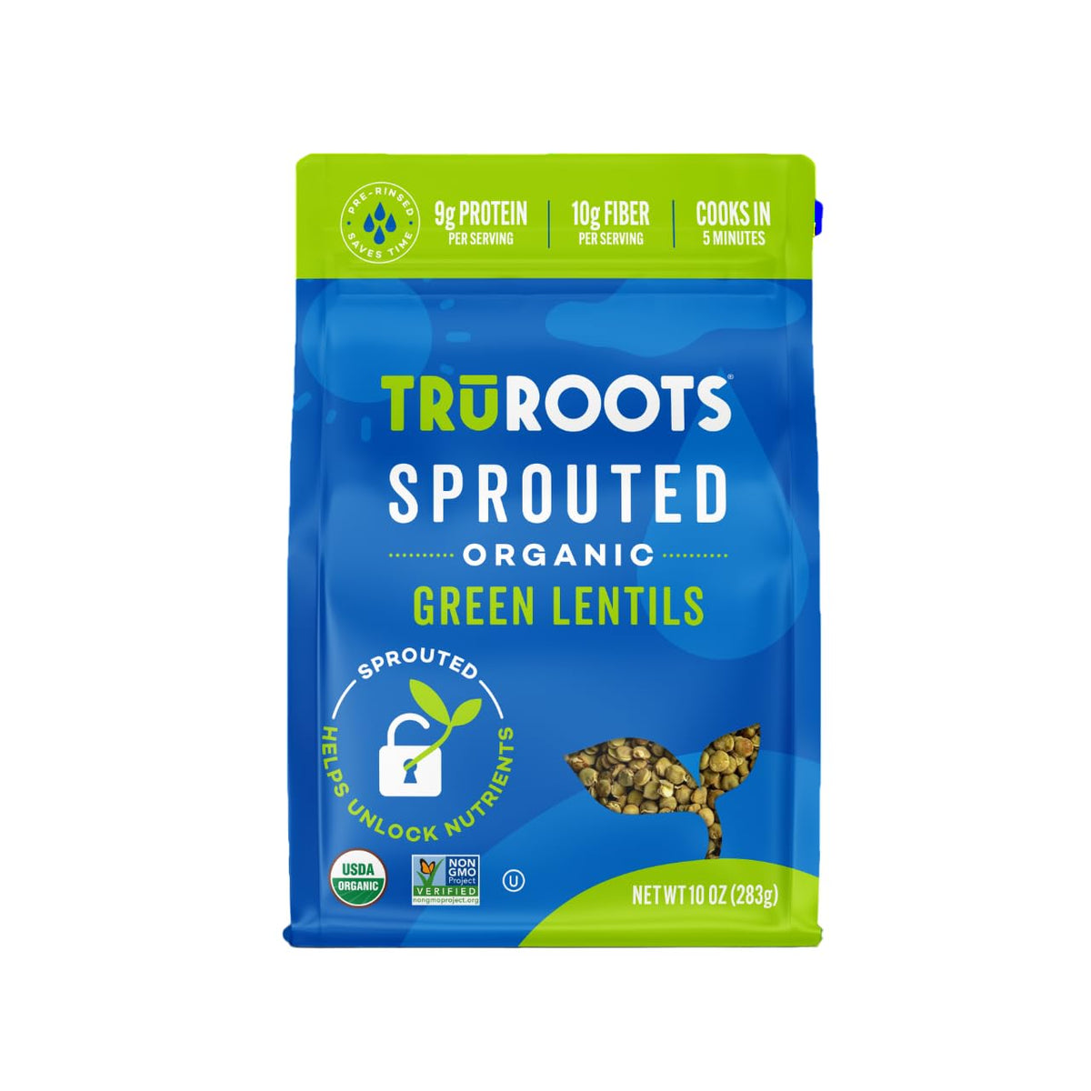 TruRoots Sprouted Green Lentils pack front; high-protein, fiber-rich base for meals.