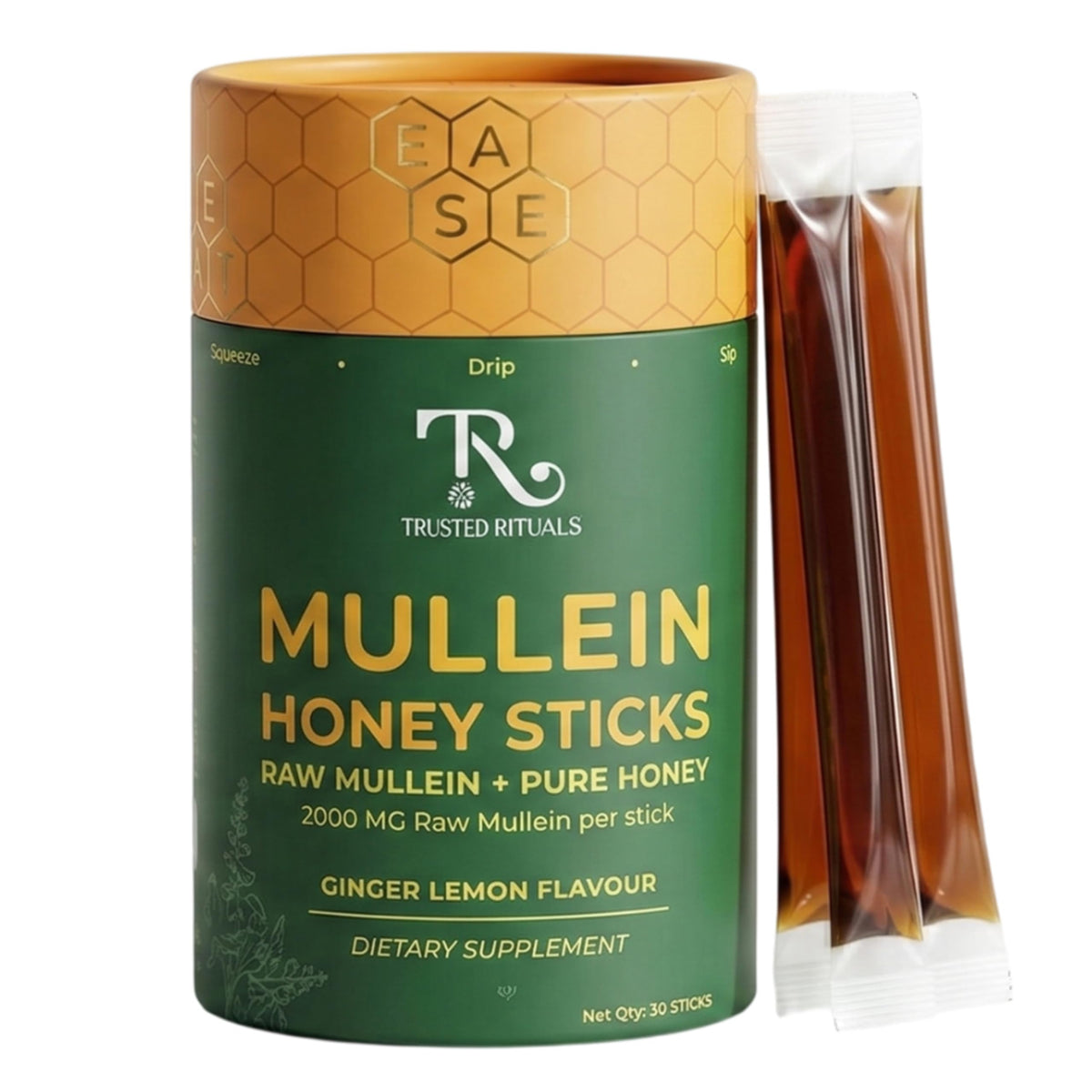 Trusted Rituals Mullein Honey Sticks packaging for convenient on-the-go wellness.