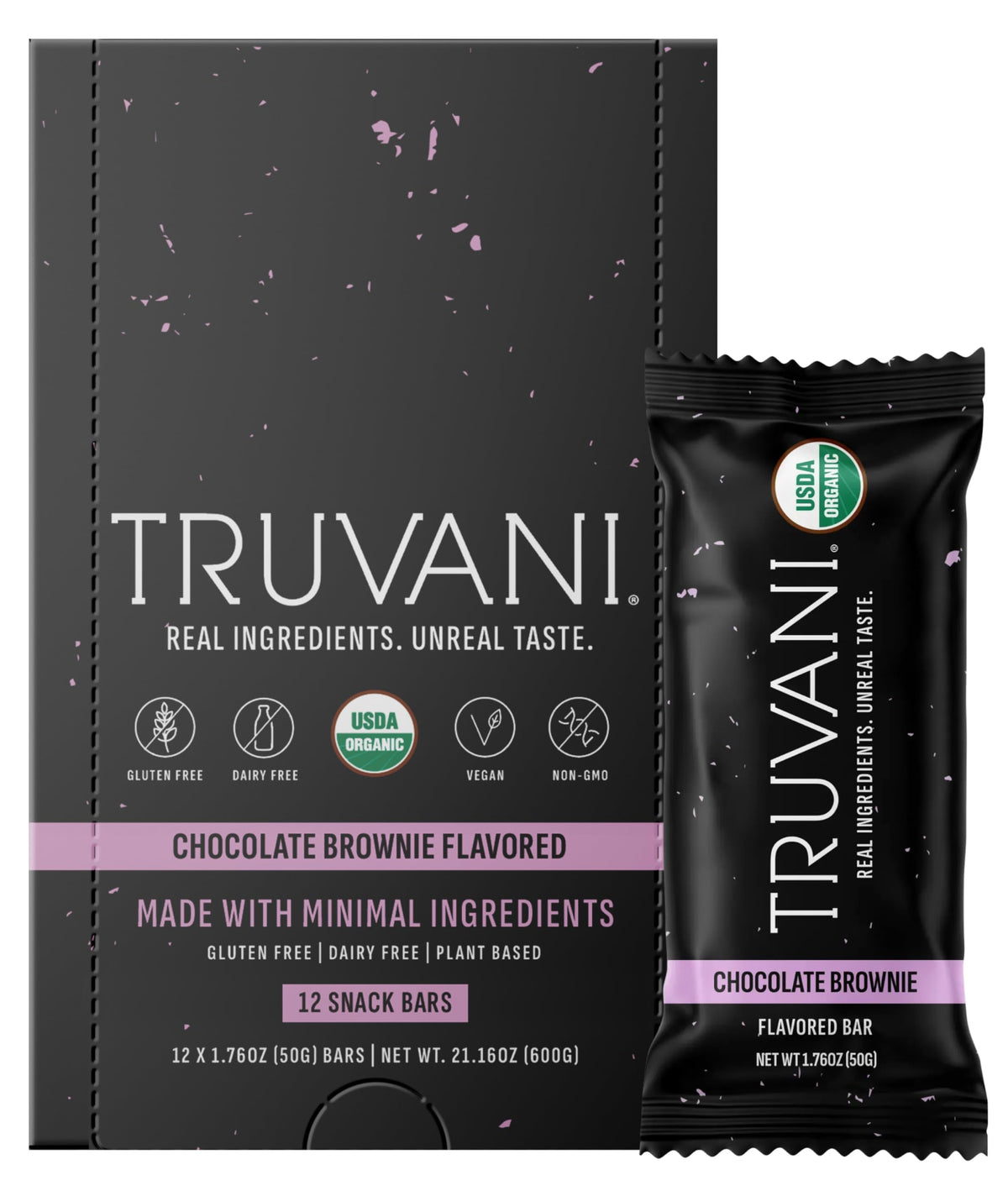 Truvani chocolate brownie bar pack showcasing organic ingredients for a tasty indulgence.
