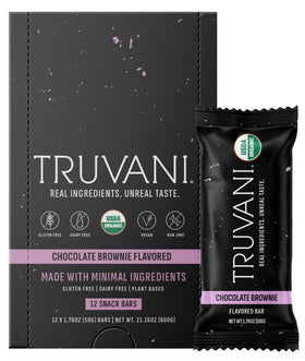 Truvani chocolate brownie bar pack showcasing organic ingredients for a tasty indulgence.
