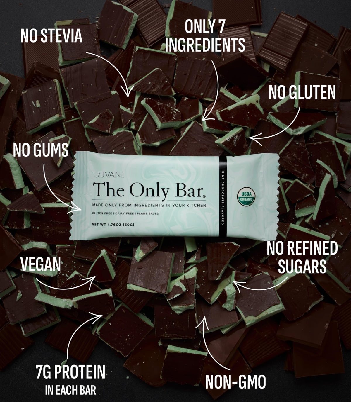 Truvani chocolate mint bar ingredients close-up with almonds and dates for natural energy