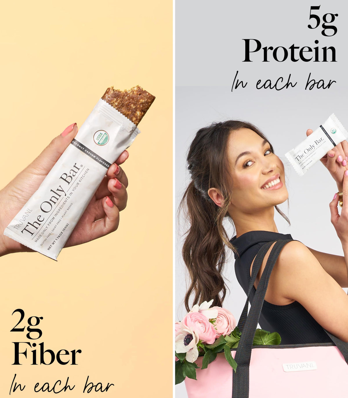 Truvani Coconut Cashew Bar bite reveals almonds, dates and organic chocolate for a wholesome treat.