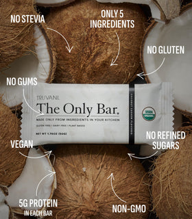 Truvani Coconut Cashew Bar ingredients panel emphasizes clean, non-GMO components for mindful snacking.