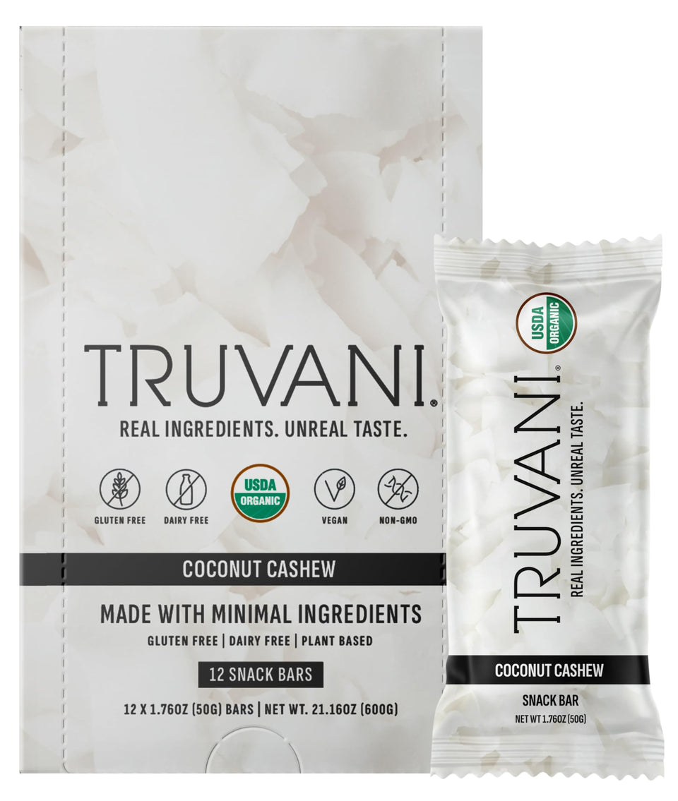 Truvani Coconut Cashew Bar packaging highlights organic ingredients for on-the-go energy.