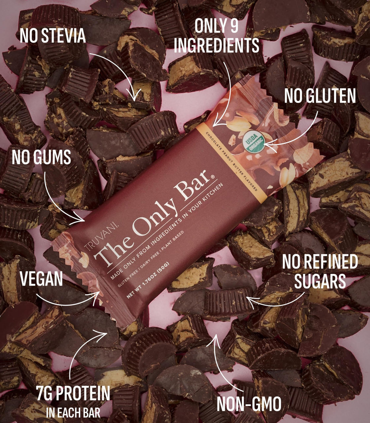 Truvani organic ingredients close-up featuring chocolate and almonds