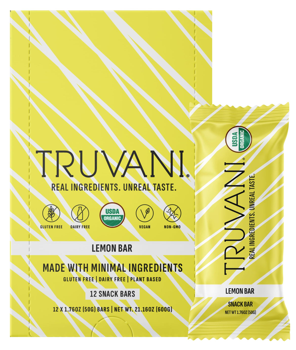 Truvani Lemon Bar 12-pack front view, convenient on-the-go snack with plant-based protein.